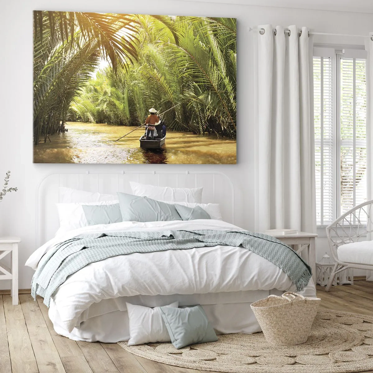 Quadro su tela - Stampe su Tela - Una barca su un fiume circondata da vegetazione tropicale - 70x50cm - Tunnel di palme - Decorazione murale moderna per soggiorno e camera da letto ARTTOR