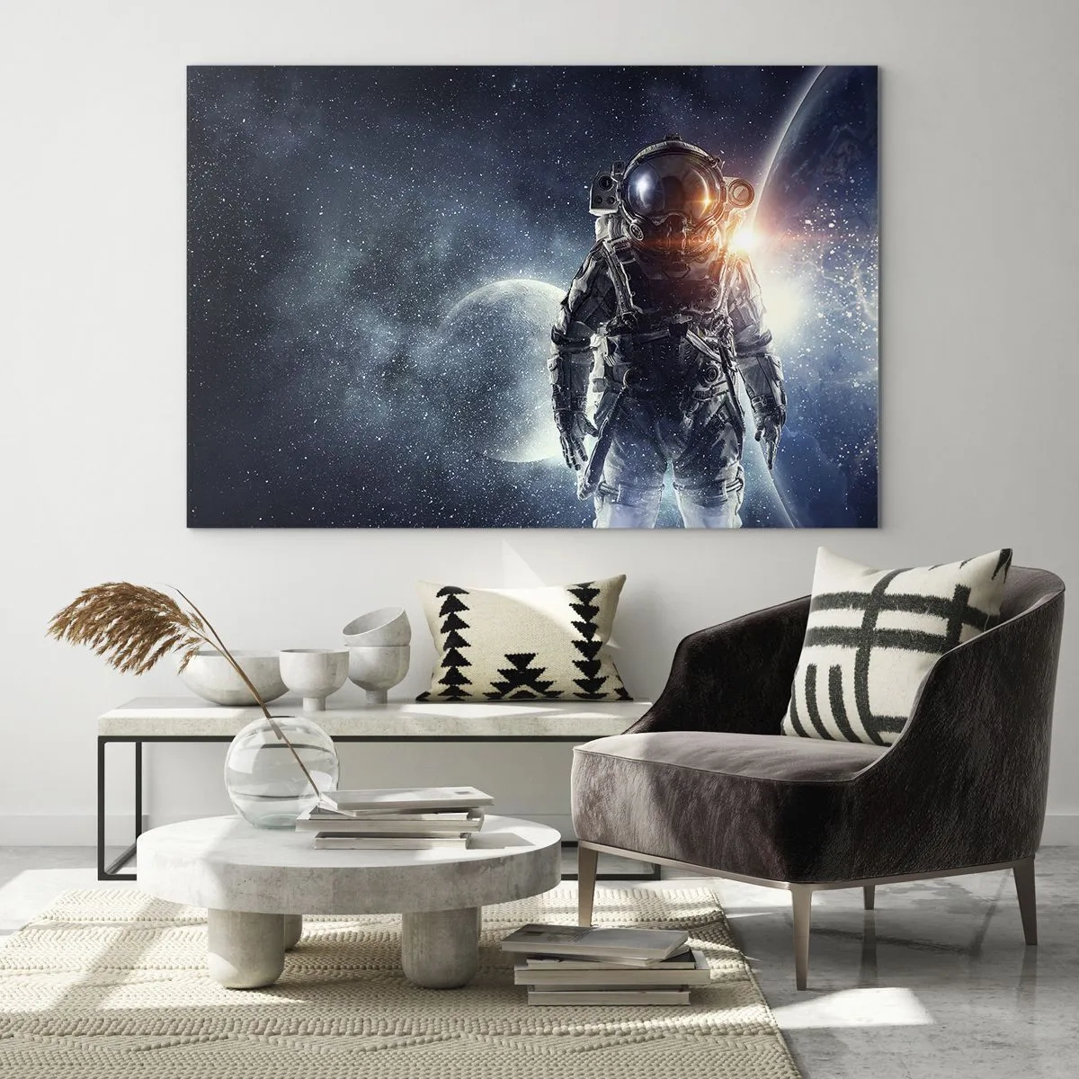 Quadro su vetro - Astronauta sullo sfondo di pianeti e stelle - 70x50cm - Avventura nello spazio - Decorazione murale moderna per soggiorno e camera da letto ARTTOR