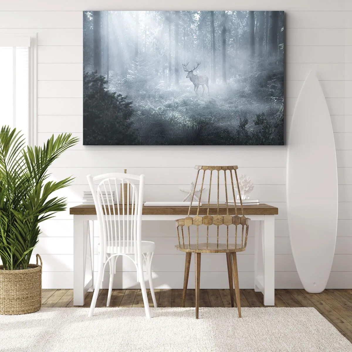Quadro su tela - Stampe su Tela - Un cervo in una fitta foresta avvolto nella nebbia mattutina - 70x50cm - Passeggiata mattutina sulle sue terre - Decorazione murale moderna per soggiorno e camera da letto ARTTOR