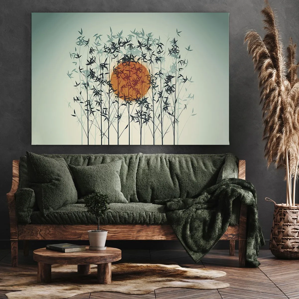 Quadro su tela - Stampe su Tela - Sole arancione tra i rami di bambù - 70x50cm - Sole giapponese - Decorazione murale moderna per soggiorno e camera da letto ARTTOR