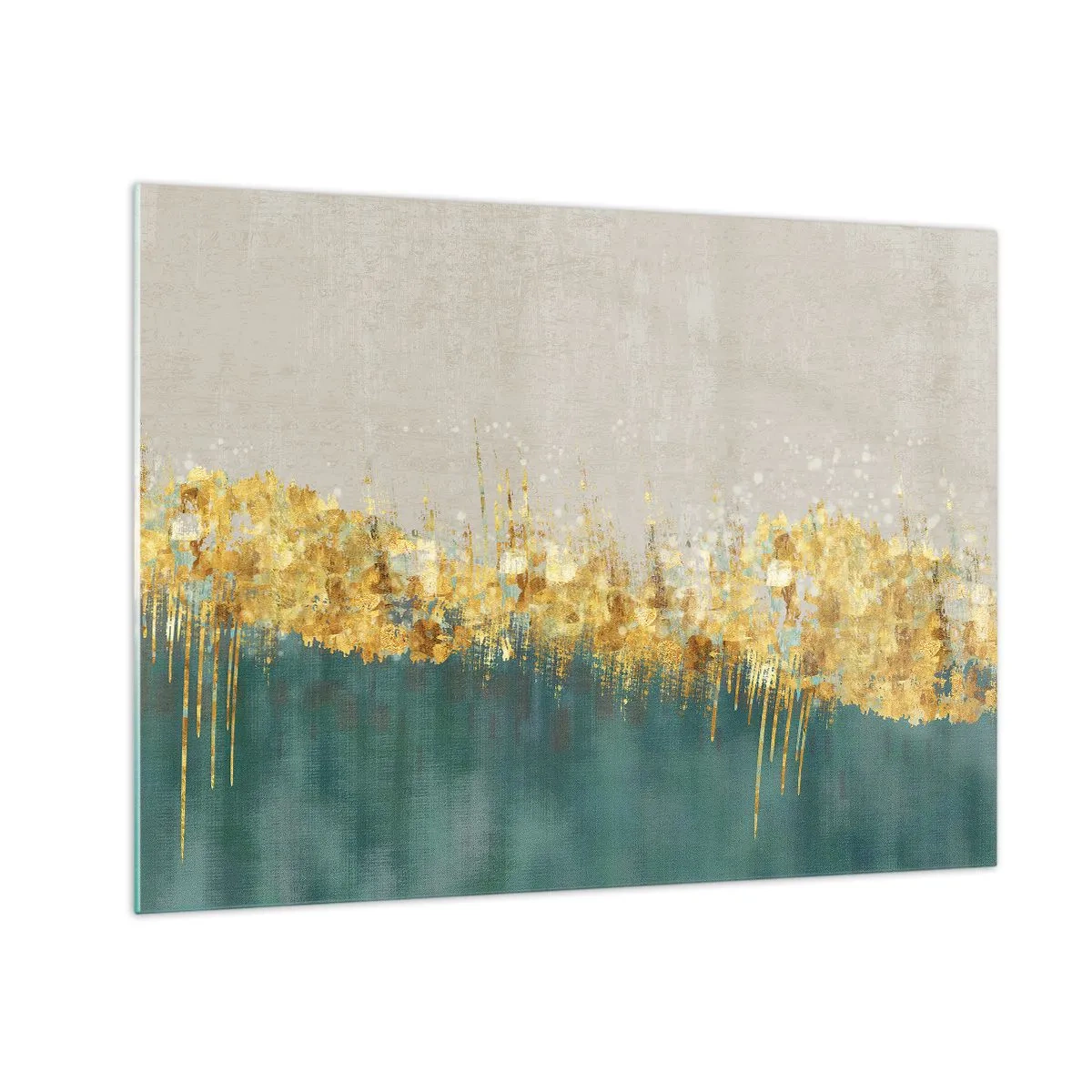 Quadro su vetro - Gli accenti dorati creano un confine tra il beige e il verde bottiglia - 70x50cm - Confine dorato - Decorazione murale moderna per soggiorno e camera da letto ARTTOR