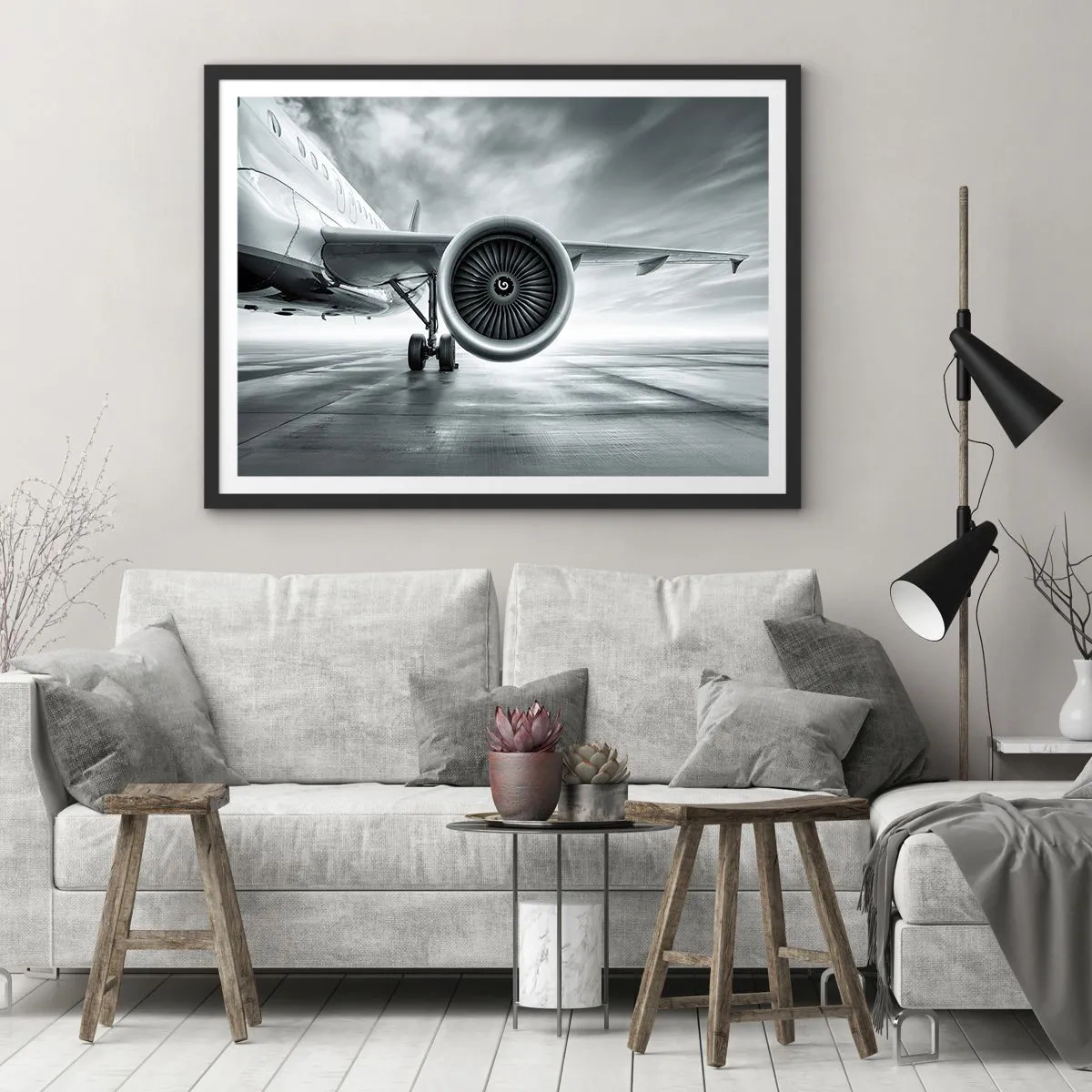 Poster in cornice nera - Il motore a reazione di un aereo sulla pista - 70x50cm - C'è la forza! - Decorazione murale moderna per soggiorno e camera da letto ARTTOR