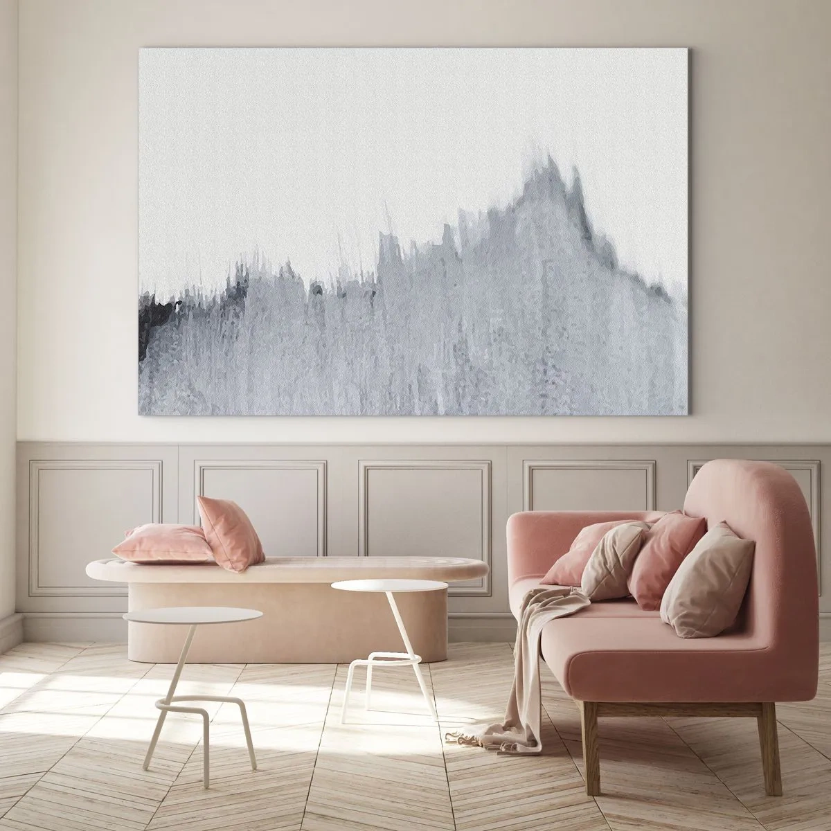 Quadro su vetro - Una composizione astratta in tonalità di grigio che ricorda un disco su uno sfondo bianco. - 70x50cm - Iscrizione misteriosa - Decorazione murale moderna per soggiorno e camera da letto ARTTOR