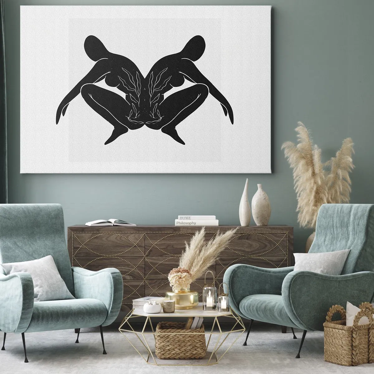 Quadro su tela - Stampe su Tela - Sagome nere in posizione simmetrica su sfondo bianco - 70x50cm - Anima comune - Decorazione murale moderna per soggiorno e camera da letto ARTTOR