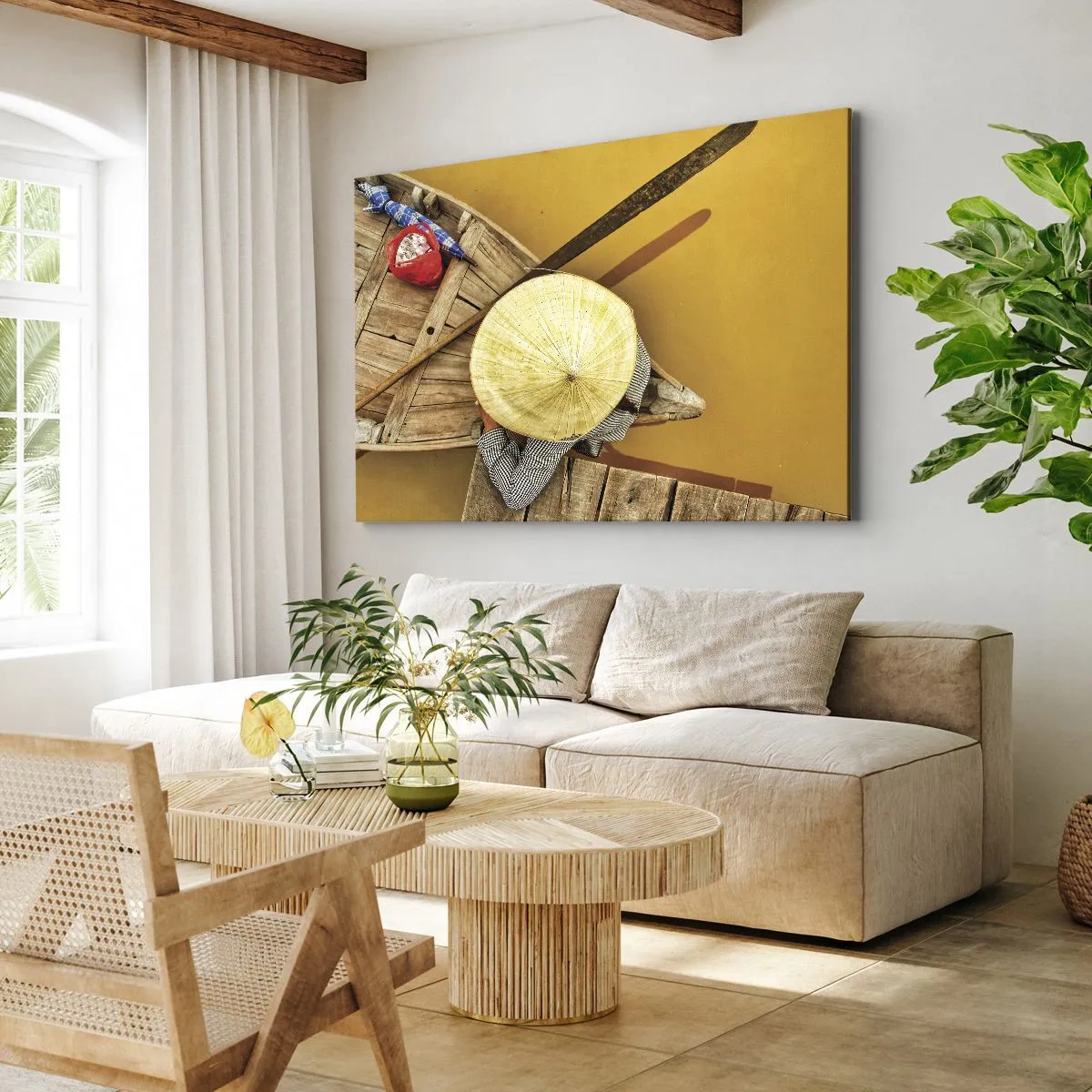 Quadro su tela - Stampe su Tela - Una barca tradizionale vista da una prospettiva a volo d'uccello - 70x50cm - Vita sul Fiume Giallo - Decorazione murale moderna per soggiorno e camera da letto ARTTOR