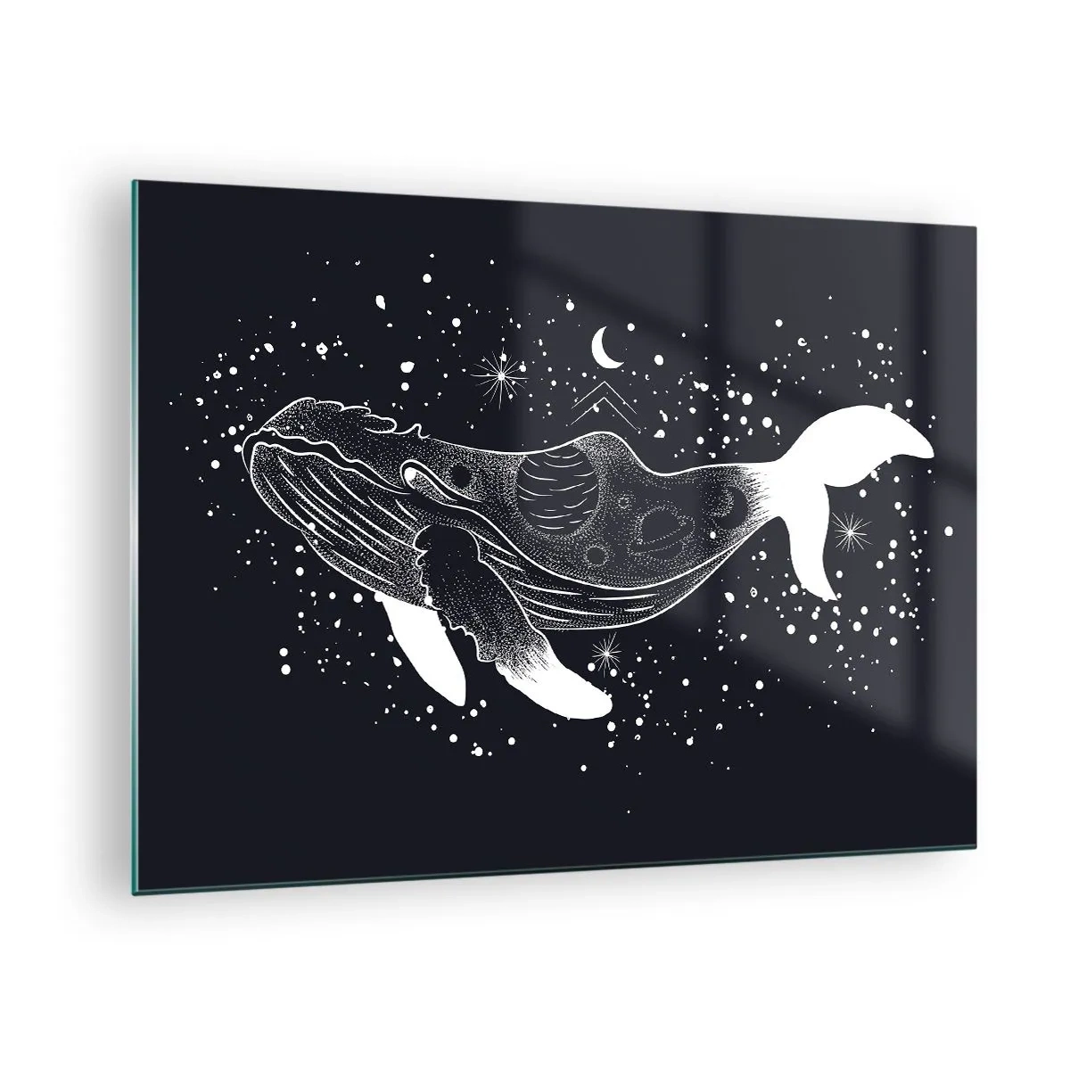 Quadro su vetro - Silhouette bianca grafica di una balena che fluttua nello spazio - 70x50cm - Nell'oceano dell'universo - Decorazione murale moderna per soggiorno e camera da letto ARTTOR
