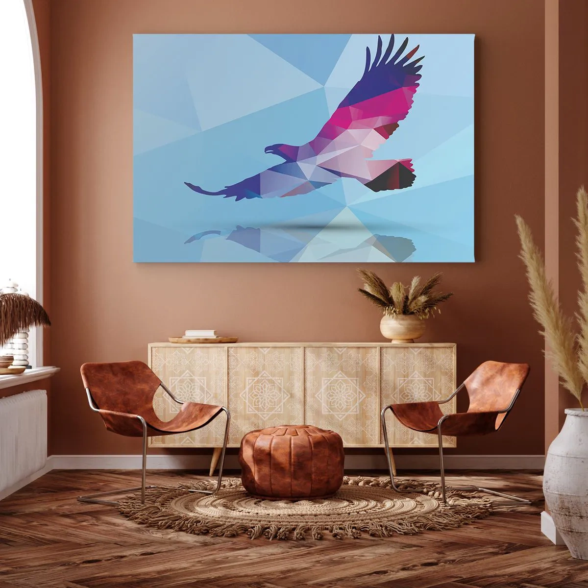 Quadro su tela - Stampe su Tela - Silhouette geometrica di un'aquila in volo su sfondo blu - 70x50cm - L'aquila nel cristallo lilla - Decorazione murale moderna per soggiorno e camera da letto ARTTOR