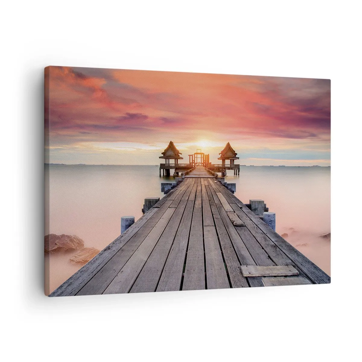 Quadro su tela - Stampe su Tela - Molo di legno che conduce ai gazebo al tramonto - 70x50cm - Tramonto d'oriente - Decorazione murale moderna per soggiorno e camera da letto ARTTOR