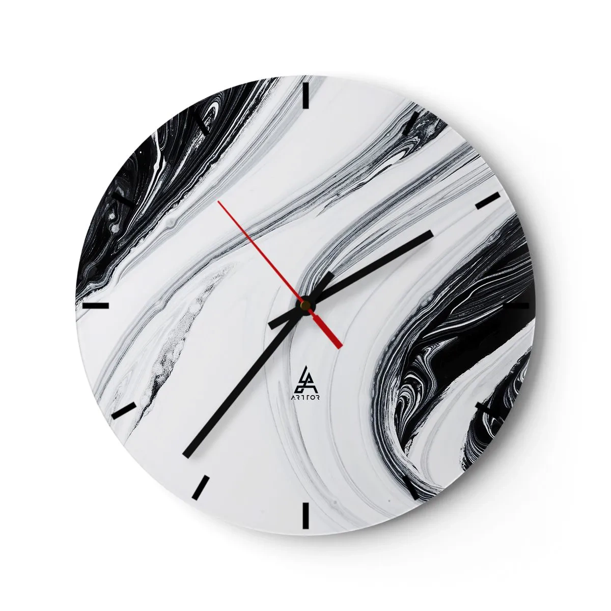 Orologio da parete - Orologio in Vetro - Linee astratte in bianco e nero creano un motivo fluido e contrastante. - 30x30cm - L'unione degli opposti - Decorazione murale moderna per soggiorno, cucina e camera da letto ARTTOR