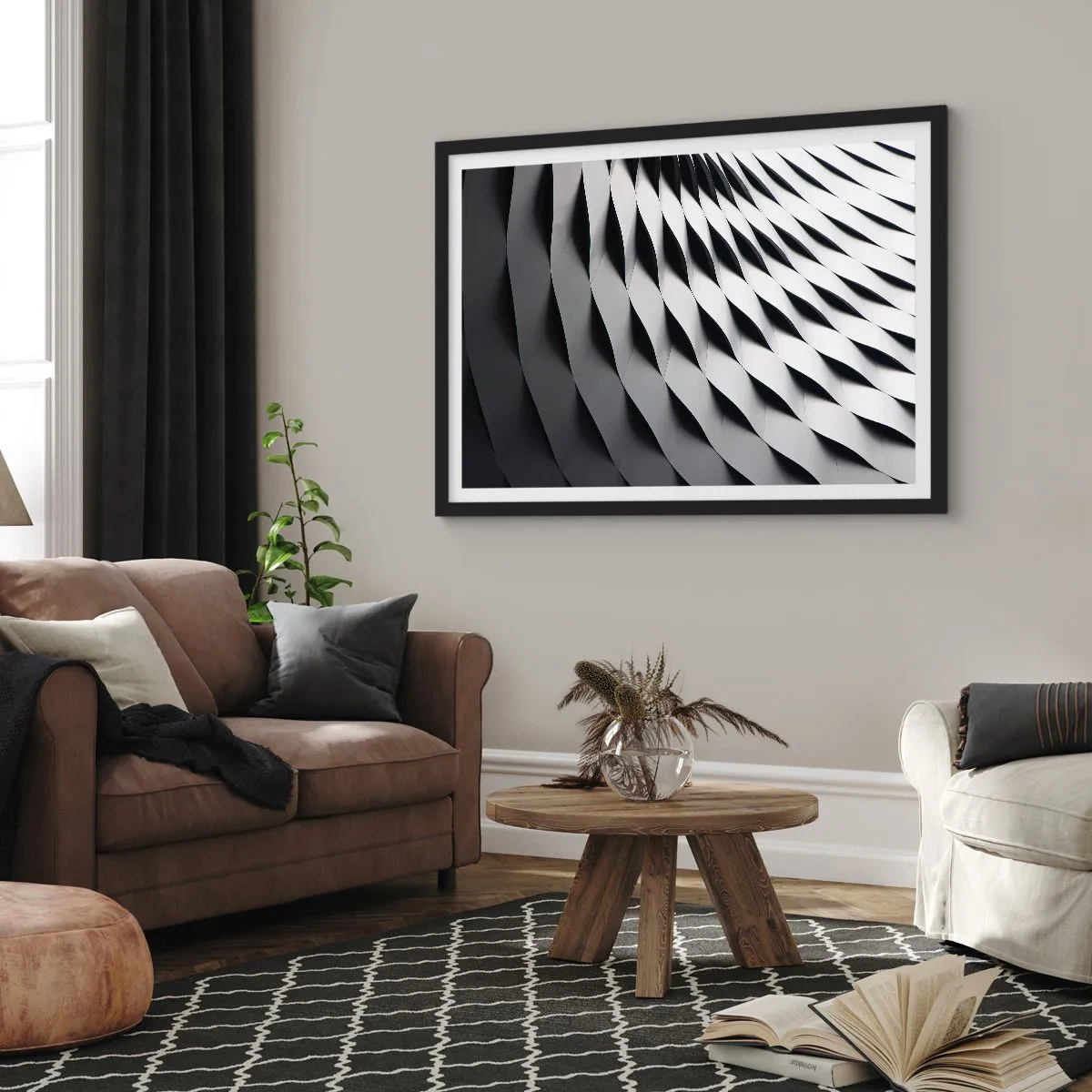 Poster in cornice nera - Motivo geometrico astratto nei toni del bianco e del nero - 70x50cm - Sulla cresta dell'onda - Decorazione murale moderna per soggiorno e camera da letto ARTTOR