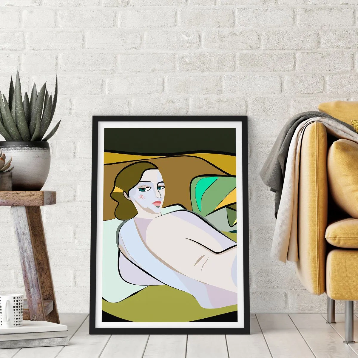 Poster in cornice nera - Una donna in stile astratto su uno sfondo verde e marrone - 50x70cm - Ritratto intimo - Decorazione murale moderna per soggiorno e camera da letto ARTTOR