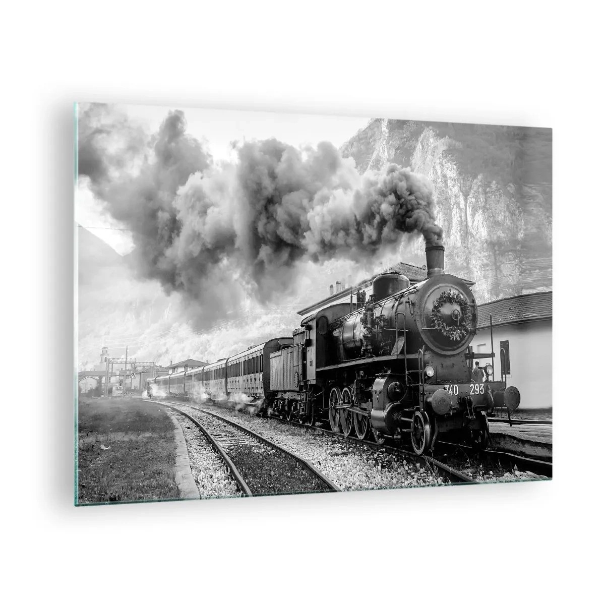 Quadro su vetro - Un vecchio treno a vapore in un paesaggio montano - 70x50cm - Ferma alla stazione... - Decorazione murale moderna per soggiorno e camera da letto ARTTOR