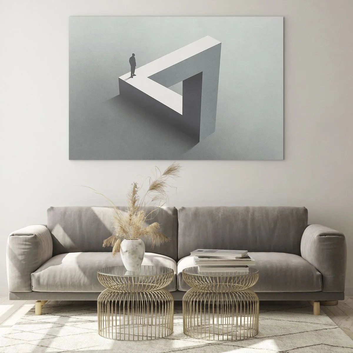 Quadro su vetro - Una figura su una struttura geometrica nello stile di un'illusione ottica - 70x50cm - Eppure è possibile - Decorazione murale moderna per soggiorno e camera da letto ARTTOR