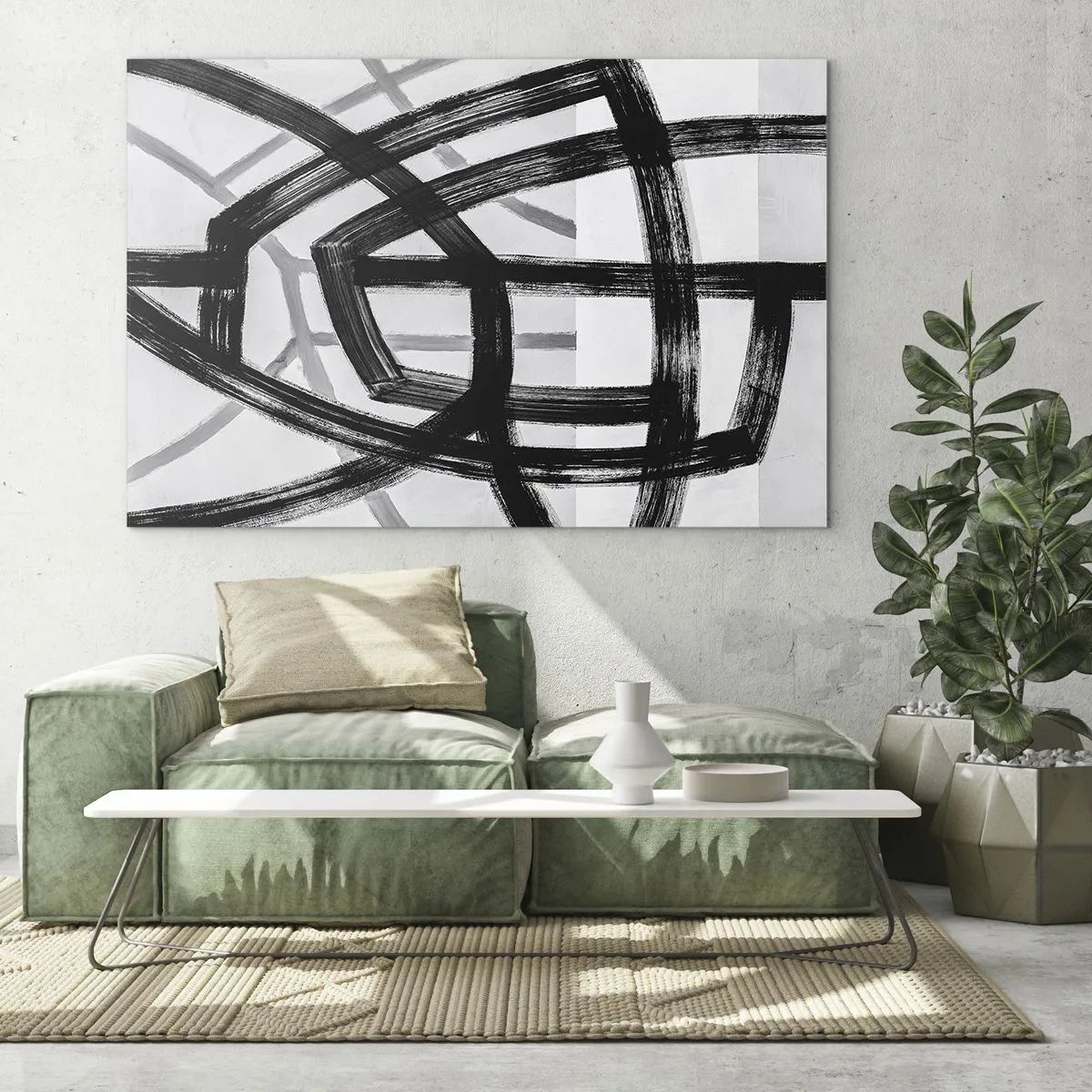 Quadro su vetro - Pennellate nere e grigie creano una rete dinamica di linee. - 70x50cm - Costruendo la profondità - Decorazione murale moderna per soggiorno e camera da letto ARTTOR