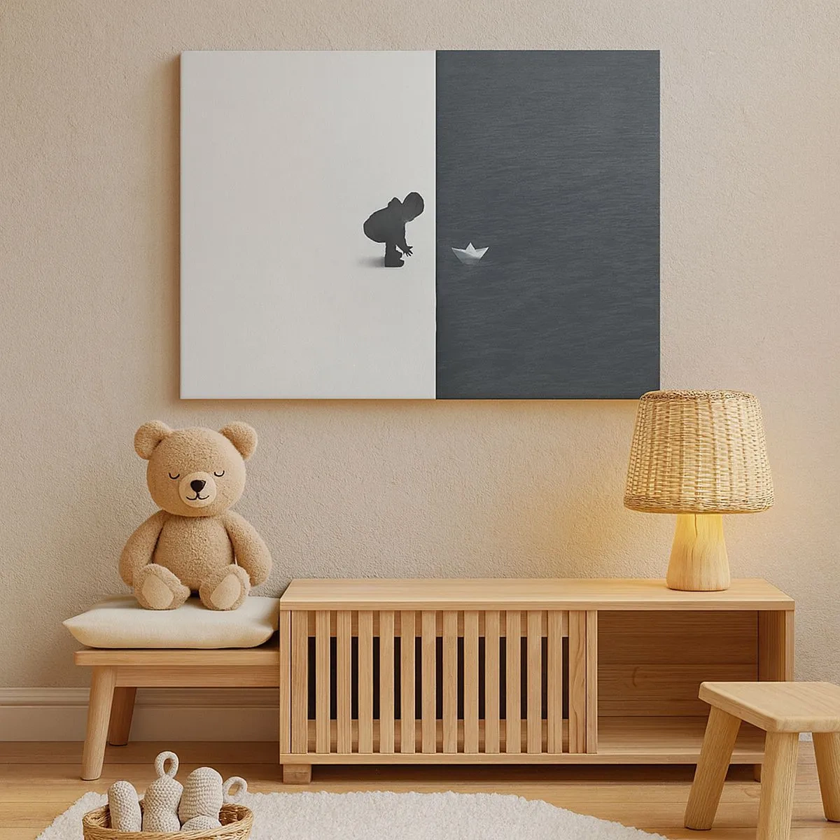 Quadro su tela - Stampe su Tela - La figura di un bambino con una barchetta di carta su uno sfondo di metà contrastanti - 70x50cm - La grande spedizione - Decorazione murale moderna per soggiorno e camera da letto ARTTOR