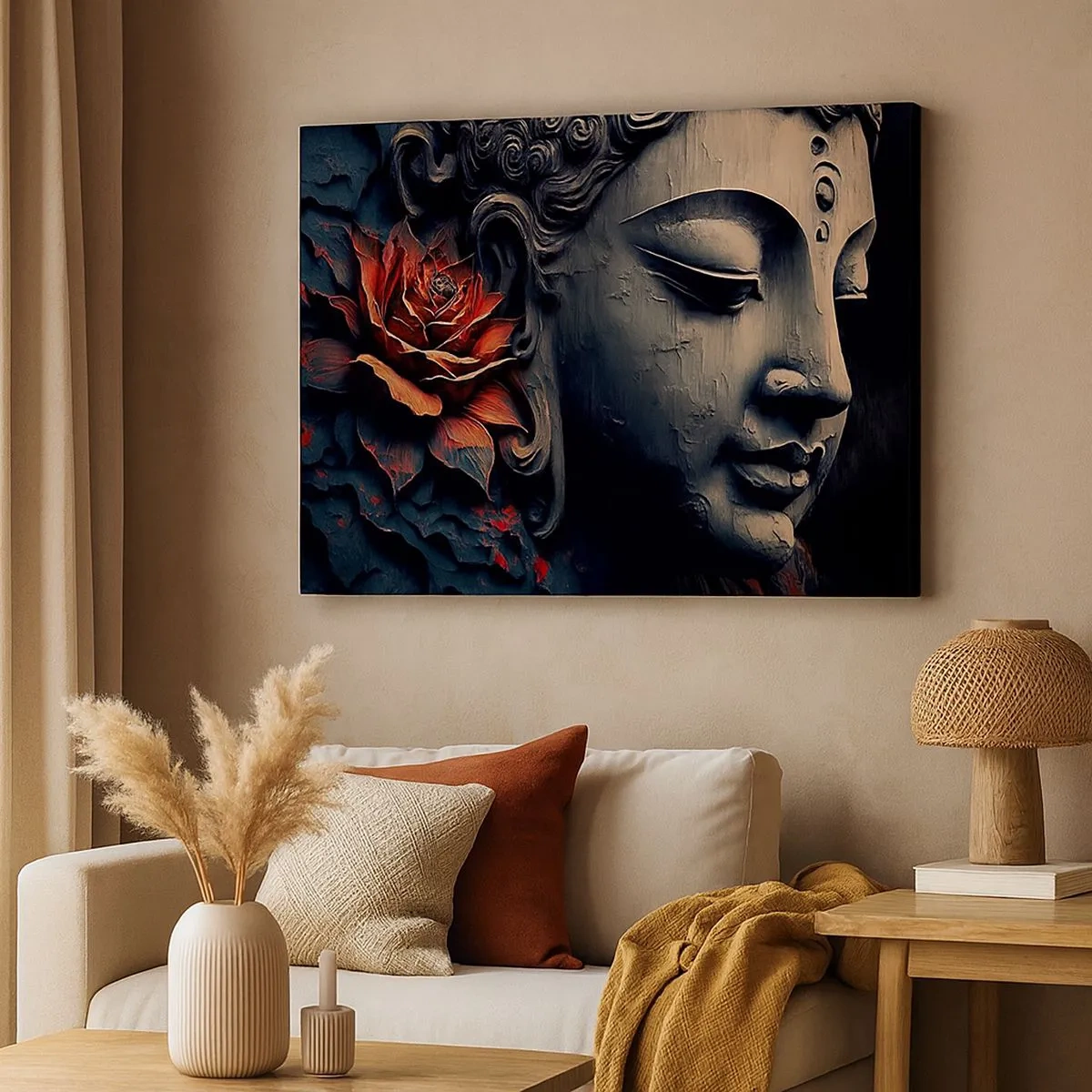 Quadro su tela - Stampe su Tela - Scultura del Buddha con un fiore di loto rosso - 70x50cm - In armonia con il mondo - Decorazione murale moderna per soggiorno e camera da letto ARTTOR