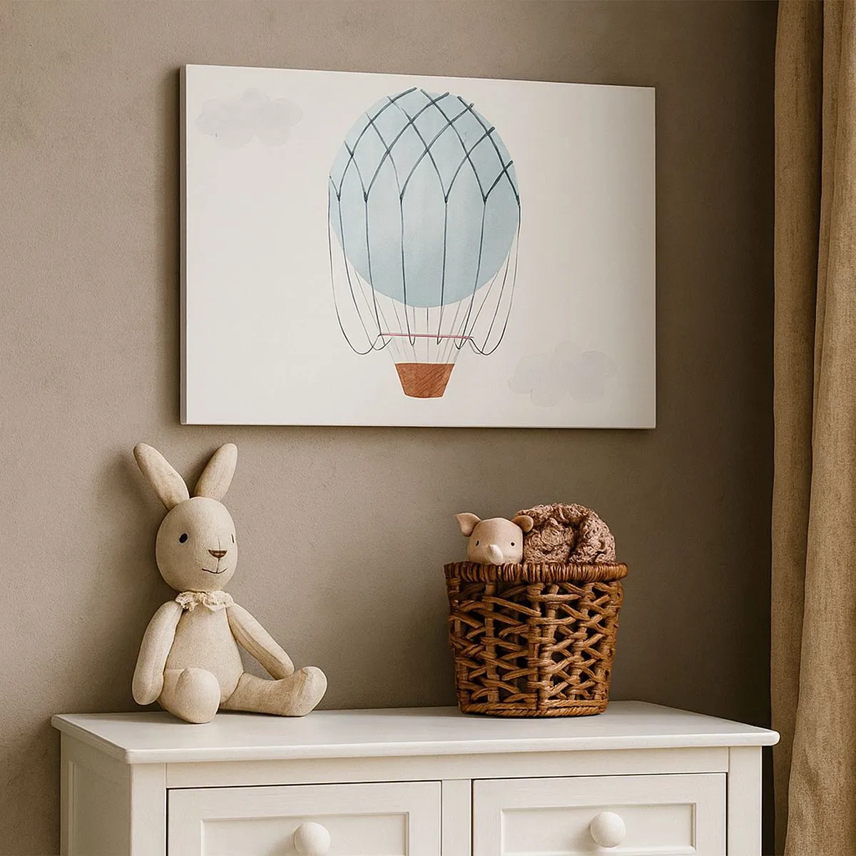 Quadro su tela - Stampe su Tela - Un palloncino dipinto a mano su uno sfondo di nuvole delicate. - 70x50cm - In mezzo alle nuvole - Decorazione murale moderna per soggiorno e camera da letto ARTTOR