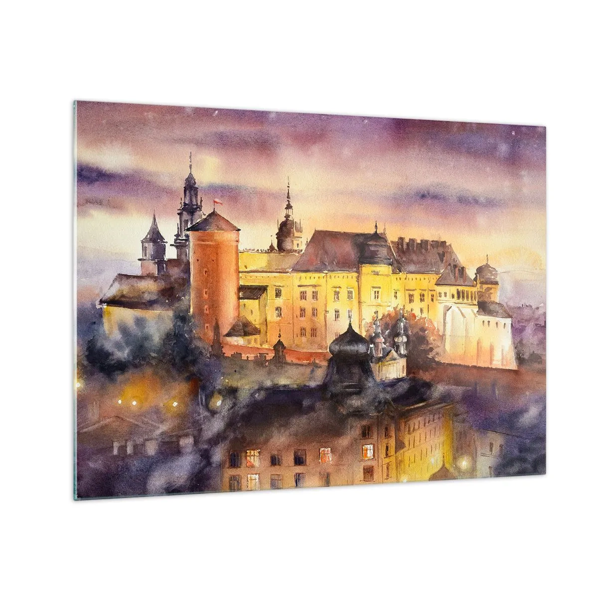 Quadro su vetro - Illustrazione ad acquerello di un castello su una collina al tramonto - 70x50cm - Storia e fiaba - Decorazione murale moderna per soggiorno e camera da letto ARTTOR