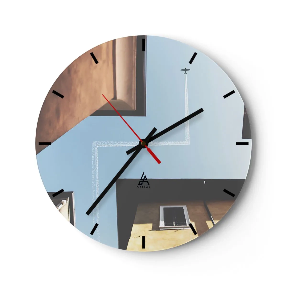 Orologio da parete - Orologio in Vetro - Vista dal cortile di un cielo azzurro con un aeroplano - 30x30cm - Sopra il labirinto urbano - Decorazione murale moderna per soggiorno, cucina e camera da letto ARTTOR