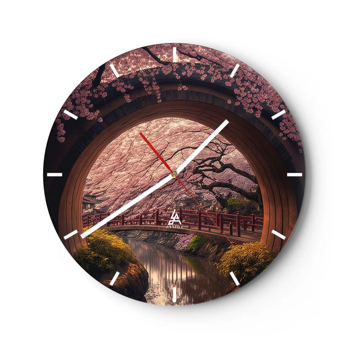Orologio da parete - Orologio in Vetro - Vista del ponte dei ciliegi in stile giapponese attraverso il cancello rotondo - 30x30cm - Primavera giapponese - Decorazione murale moderna per soggiorno, cucina e camera da letto ARTTOR