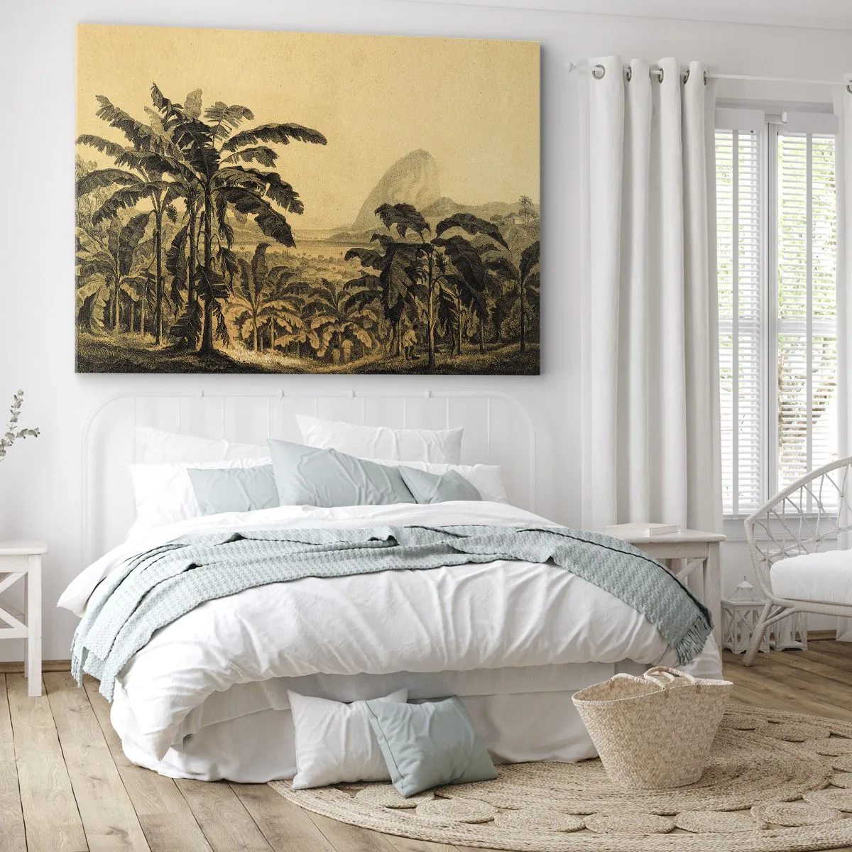 Quadro su tela - Stampe su Tela - Disegno di alberi di banana su uno sfondo di paesaggio tropicale - 70x50cm - Nel clima coloniale - Decorazione murale moderna per soggiorno e camera da letto ARTTOR