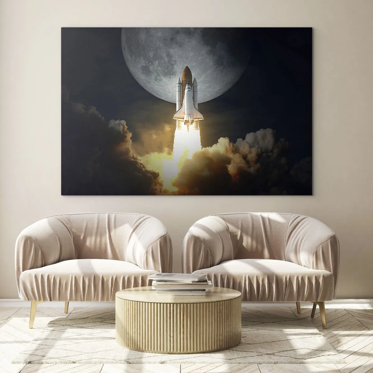 Quadro su vetro - Il lancio di un razzo spaziale sullo sfondo della luna e del cielo notturno. - 70x50cm - L'inizio di un'avventura spaziale - Decorazione murale moderna per soggiorno e camera da letto ARTTOR