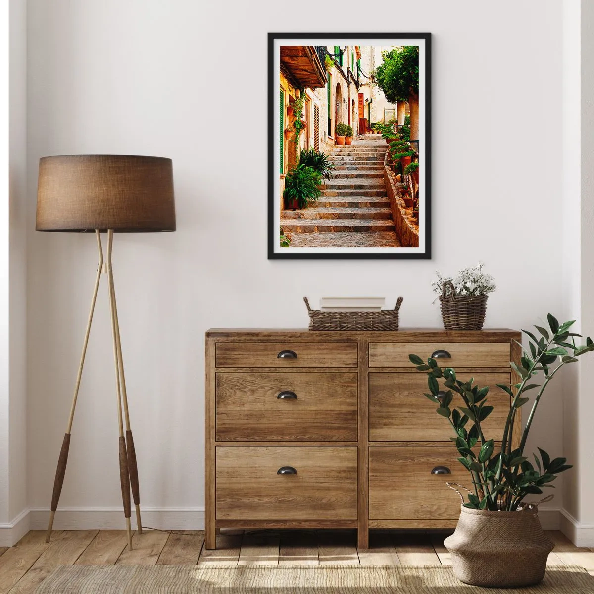 Poster in cornice nera - Il fascino di una strada mediterranea - 50x70cm - Il fascino delle vacanze spagnole - Decorazione murale moderna per soggiorno e camera da letto ARTTOR