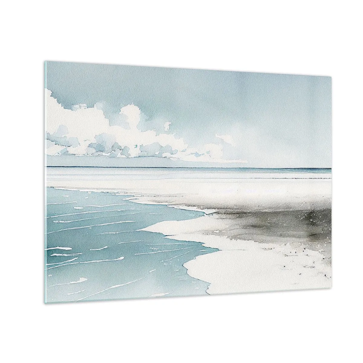 Quadro su vetro - Un tranquillo paesaggio marino in stile acquerello, nelle tonalità del blu. - 70x50cm - Marea dolce - Decorazione murale moderna per soggiorno e camera da letto ARTTOR