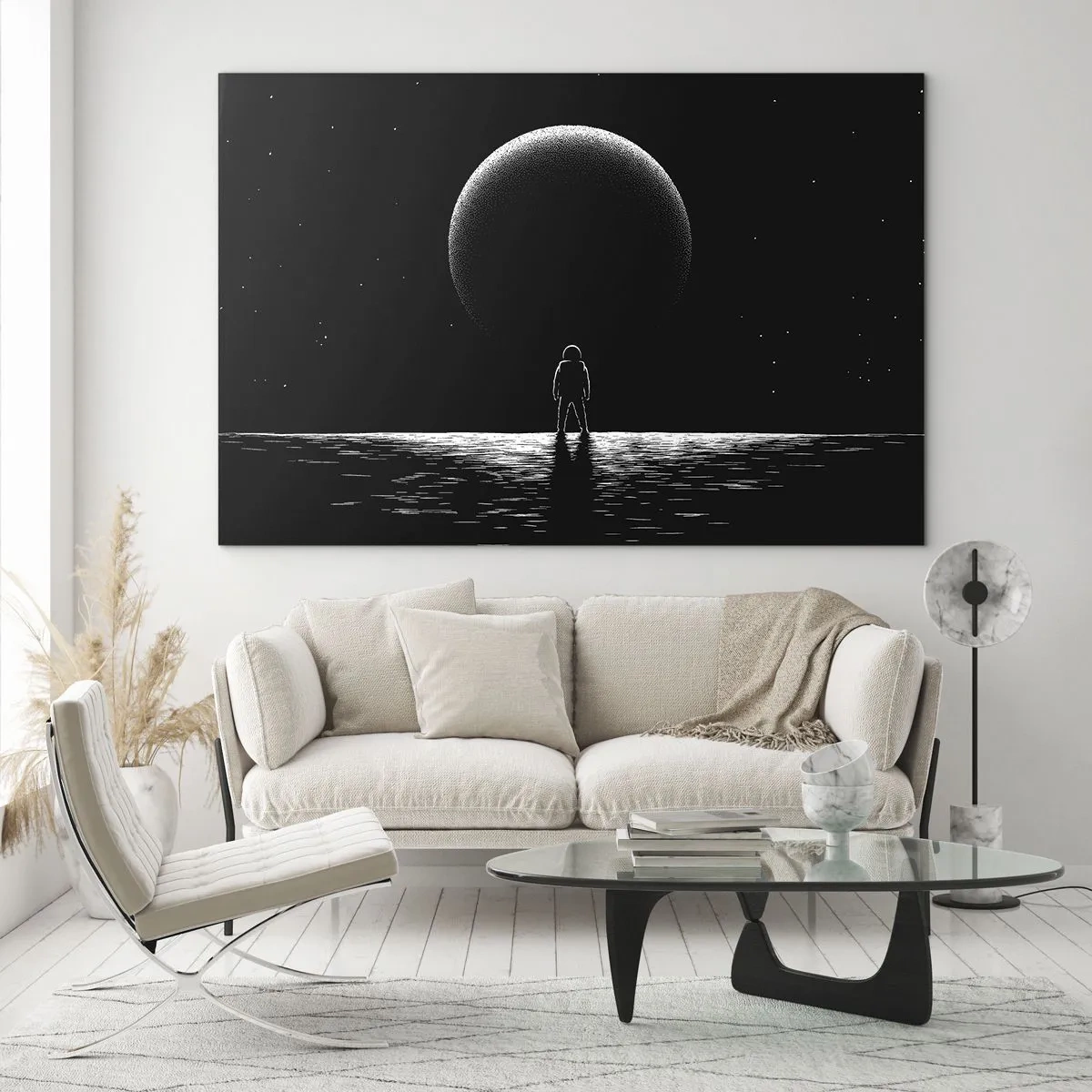 Quadro su vetro - Astronauta in piedi davanti a un pianeta in bianco e nero - 70x50cm - Faccia a faccia - Decorazione murale moderna per soggiorno e camera da letto ARTTOR