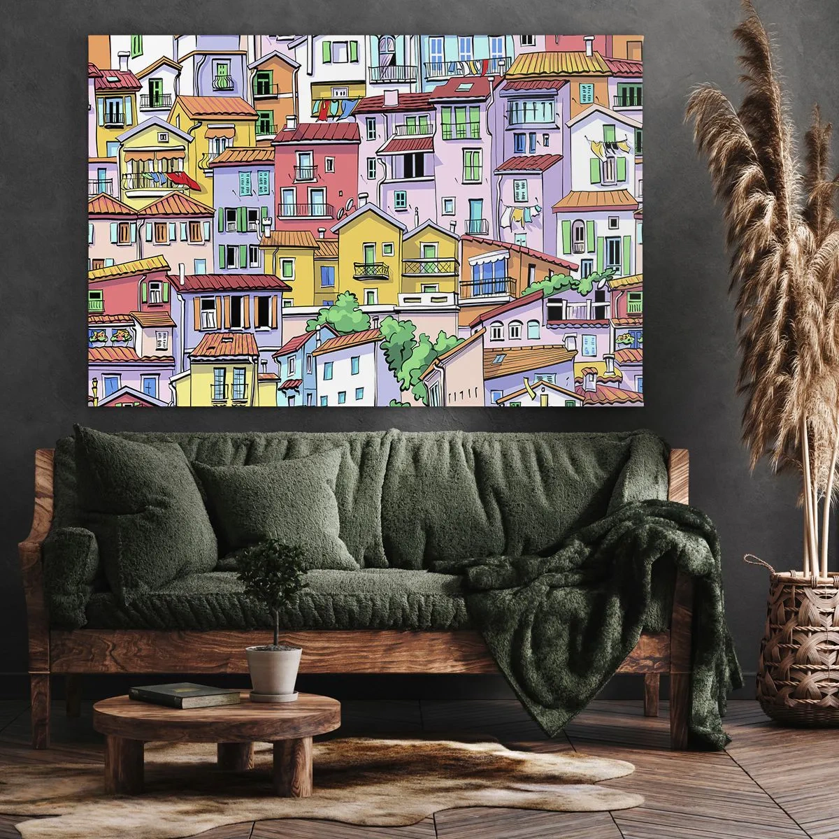 Quadro su tela - Stampe su Tela - Case popolari colorate in uno stile vivace e allegro - 70x50cm - Città allegra - Decorazione murale moderna per soggiorno e camera da letto ARTTOR