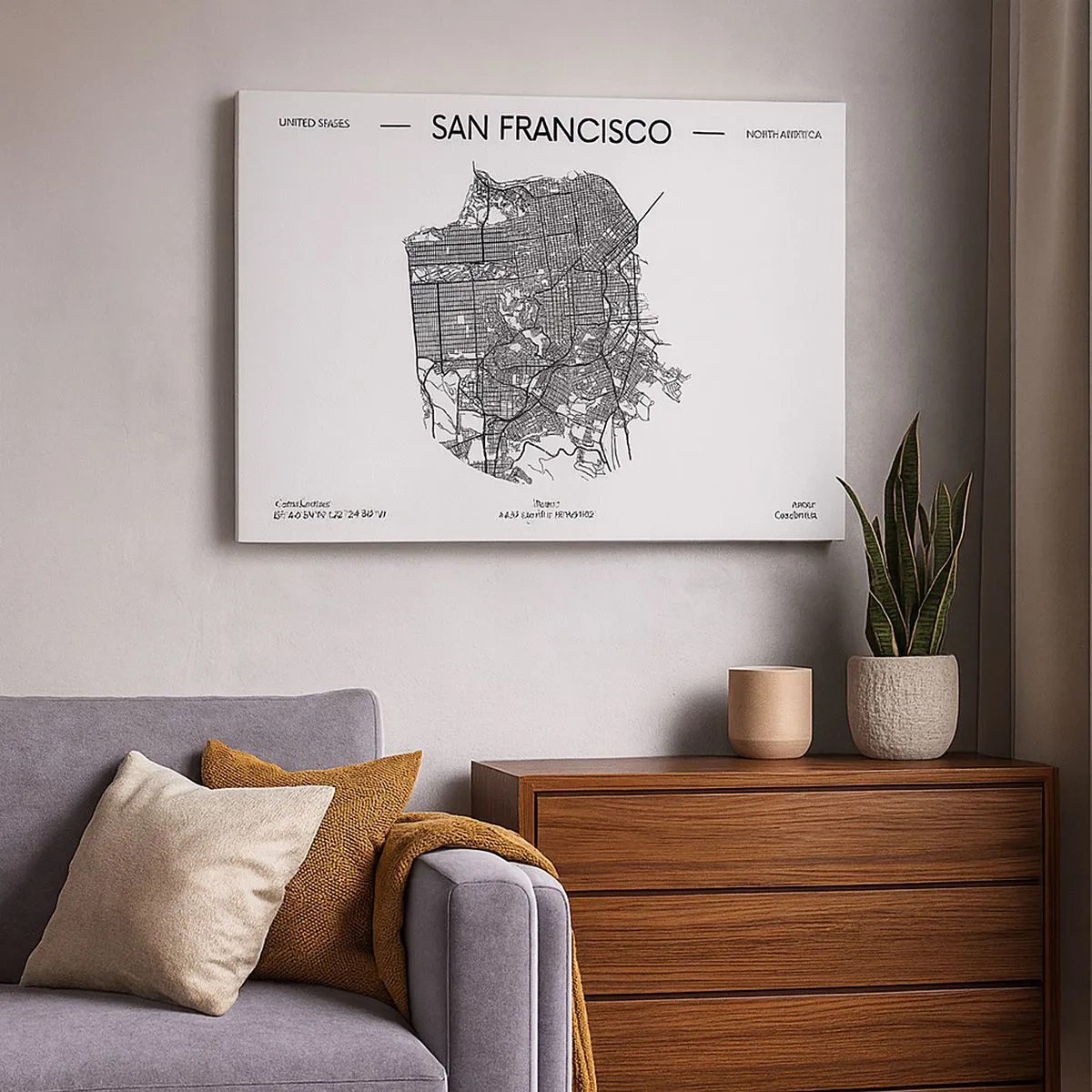 Quadro su tela - Stampe su Tela - Una mappa di San Francisco in stile minimalista in bianco e nero. - 70x50cm - Anatomia di San Francisco - Decorazione murale moderna per soggiorno e camera da letto ARTTOR