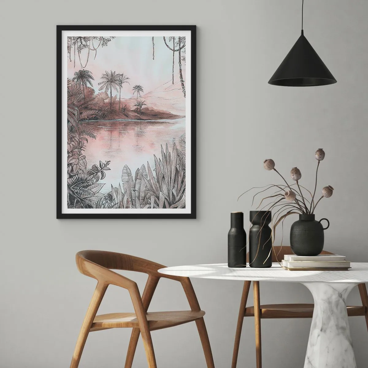 Poster in cornice nera - Paesaggio esotico in riva all'acqua - 50x70cm - Diario di un esploratore del 19esimo secolo - Decorazione murale moderna per soggiorno e camera da letto ARTTOR