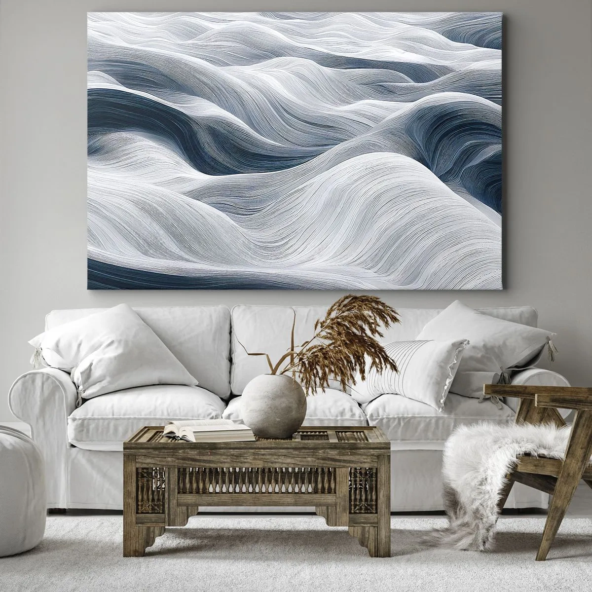 Quadro su tela - Stampe su Tela - Linee ondulate nei toni del blu e del bianco - 70x50cm - Onde bianche e blu - Decorazione murale moderna per soggiorno e camera da letto ARTTOR