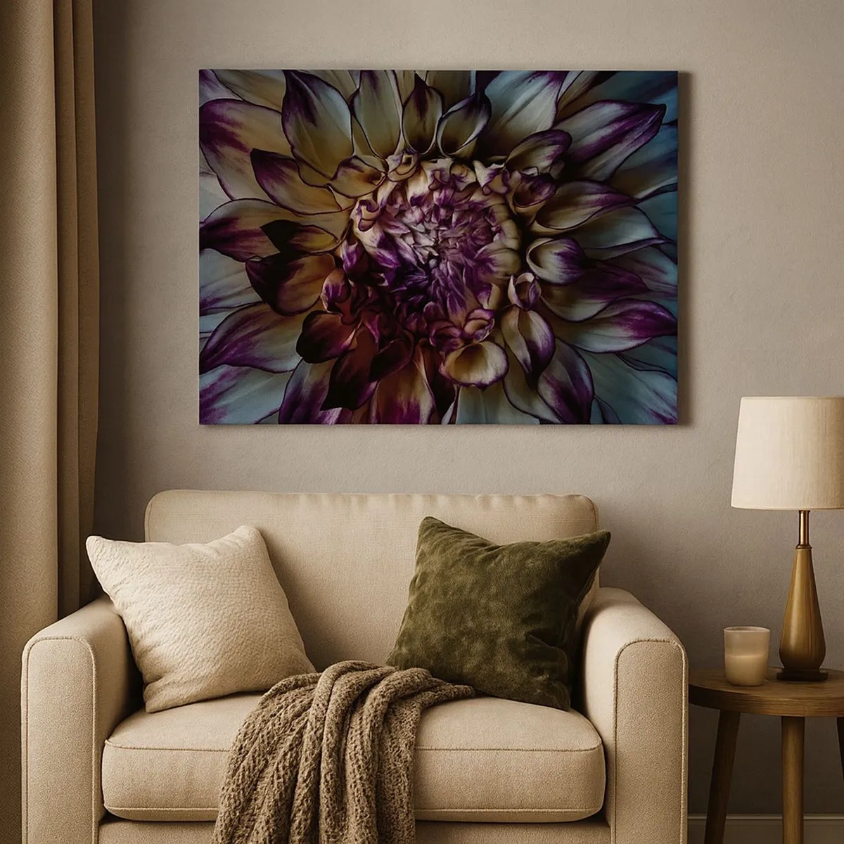 Quadro su tela - Stampe su Tela - Primo piano di un fiore di dalia in toni scuri - 70x50cm - Il rigoglio della giovinezza - Decorazione murale moderna per soggiorno e camera da letto ARTTOR