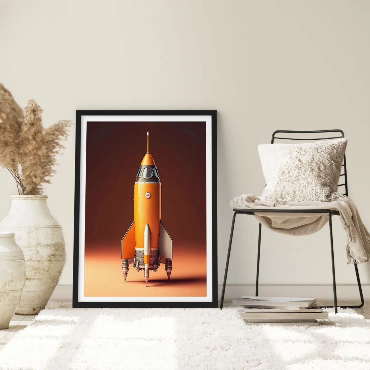 Poster in cornice nera - Un moderno razzo spaziale su uno sfondo dai colori caldi. - 50x70cm - Si inizia dai sogni - Decorazione murale moderna per soggiorno e camera da letto ARTTOR
