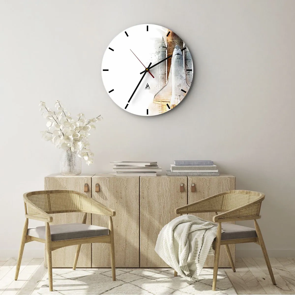 Orologio da parete - Orologio in Vetro - Lancio di un razzo in stile acquerello su sfondo bianco - 30x30cm - La partenza degli esploratori - Decorazione murale moderna per soggiorno, cucina e camera da letto ARTTOR