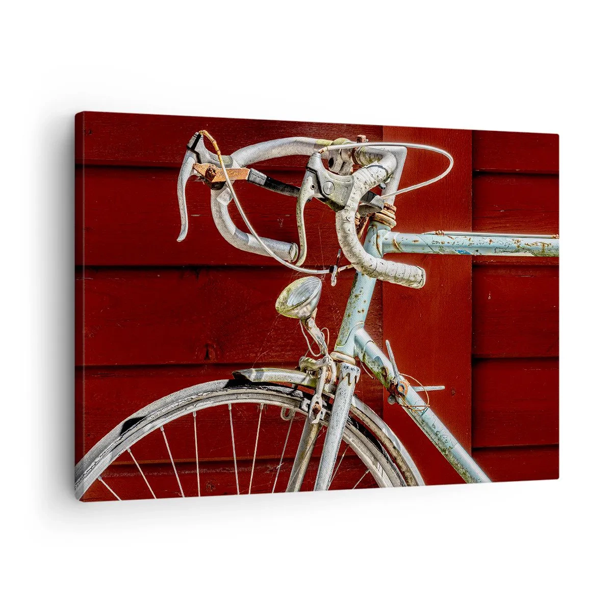 Quadro su tela - Stampe su Tela - Una bicicletta d'epoca contro un muro di legno rosso - 70x50cm - Creata per la vittoria - Decorazione murale moderna per soggiorno e camera da letto ARTTOR