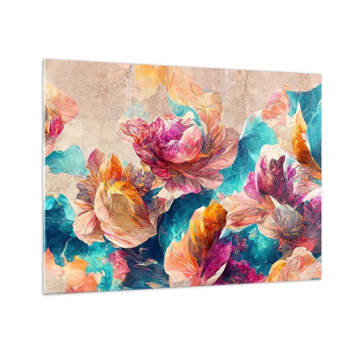 Quadro su vetro - Fiori colorati su uno sfondo acquerello - 70x50cm - Lo splendore colorato del bouquet - Decorazione murale moderna per soggiorno e camera da letto ARTTOR