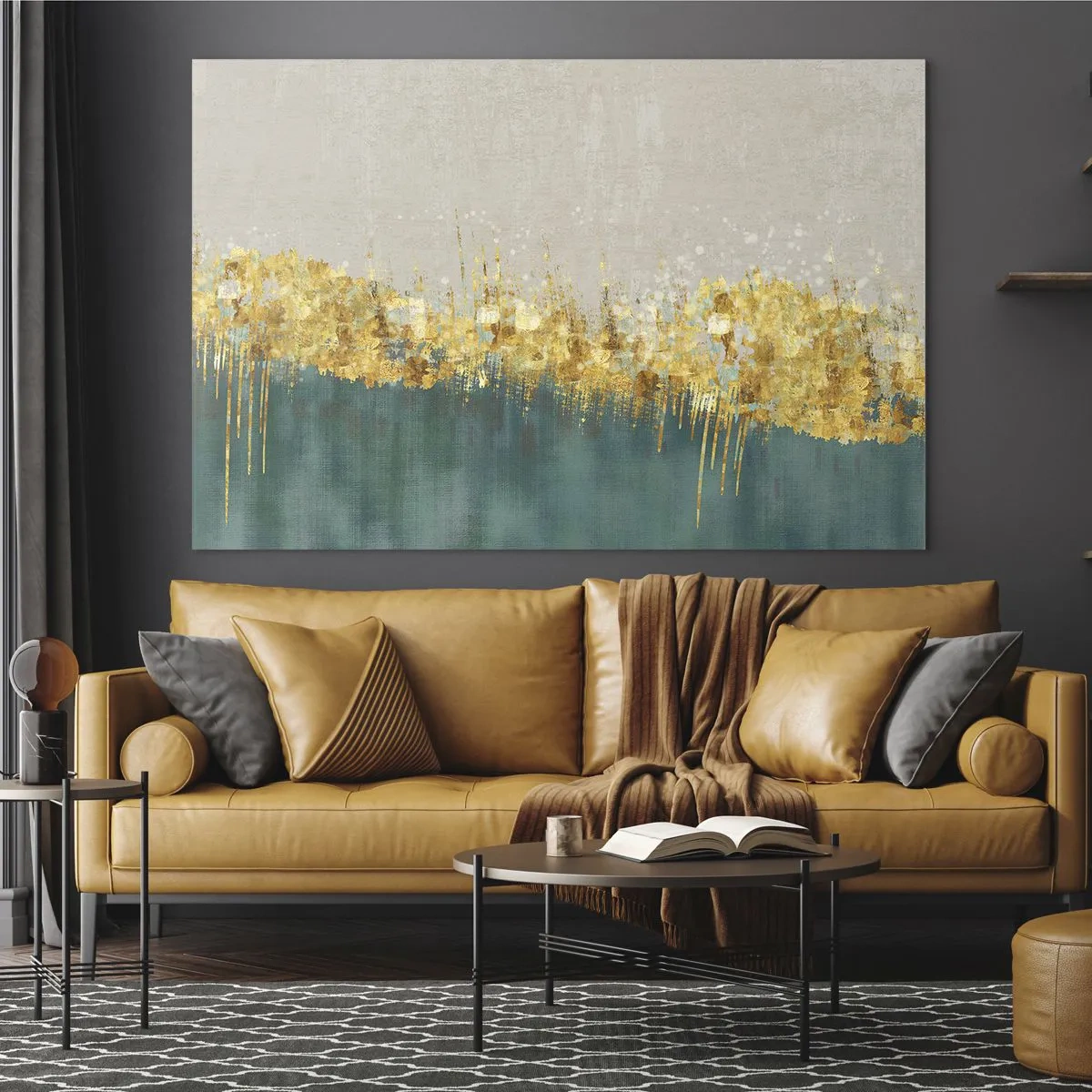 Quadro su vetro - Gli accenti dorati creano un confine tra il beige e il verde bottiglia - 70x50cm - Confine dorato - Decorazione murale moderna per soggiorno e camera da letto ARTTOR