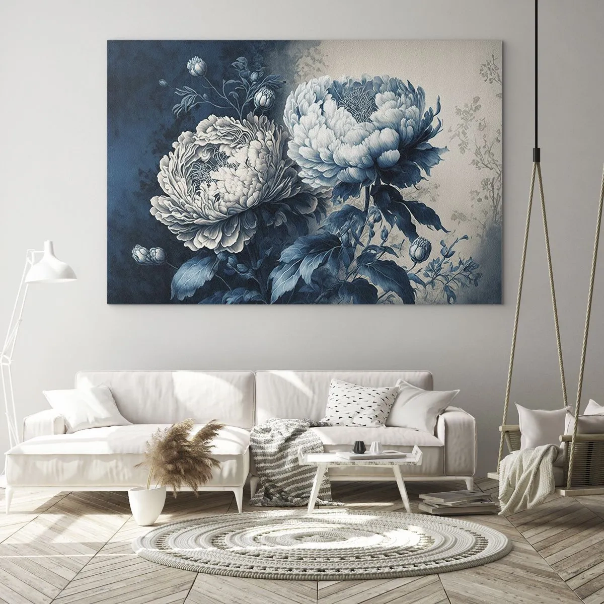 Quadro su vetro - Peonie bicolore nelle tonalità del blu e del beige su uno sfondo vintage - 70x50cm - Coppia perfetta - Decorazione murale moderna per soggiorno e camera da letto ARTTOR