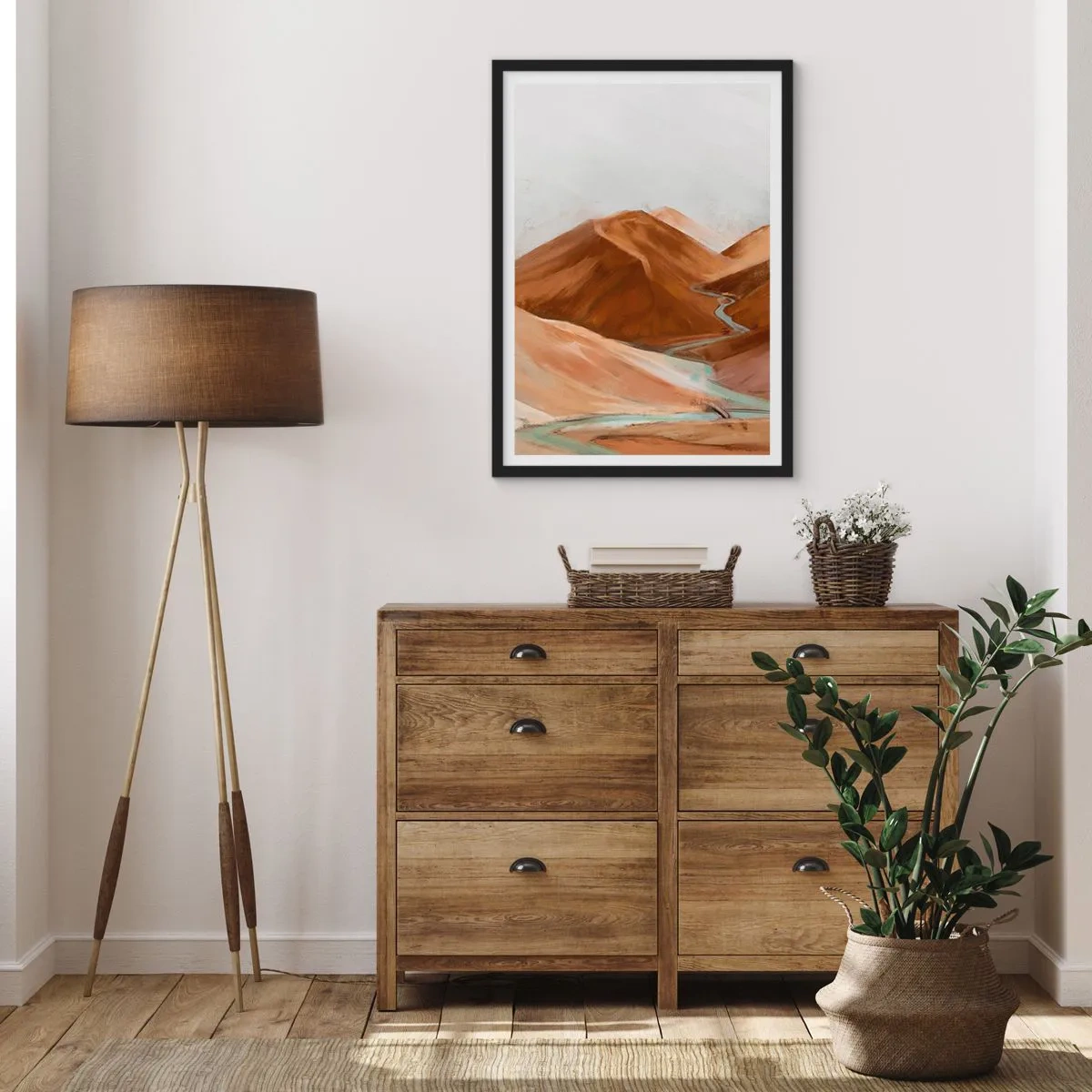 Poster in cornice nera - Un fiume che scorre attraverso montagne marroni, un paesaggio stilizzato - 50x70cm - Fino alla fonte - Decorazione murale moderna per soggiorno e camera da letto ARTTOR