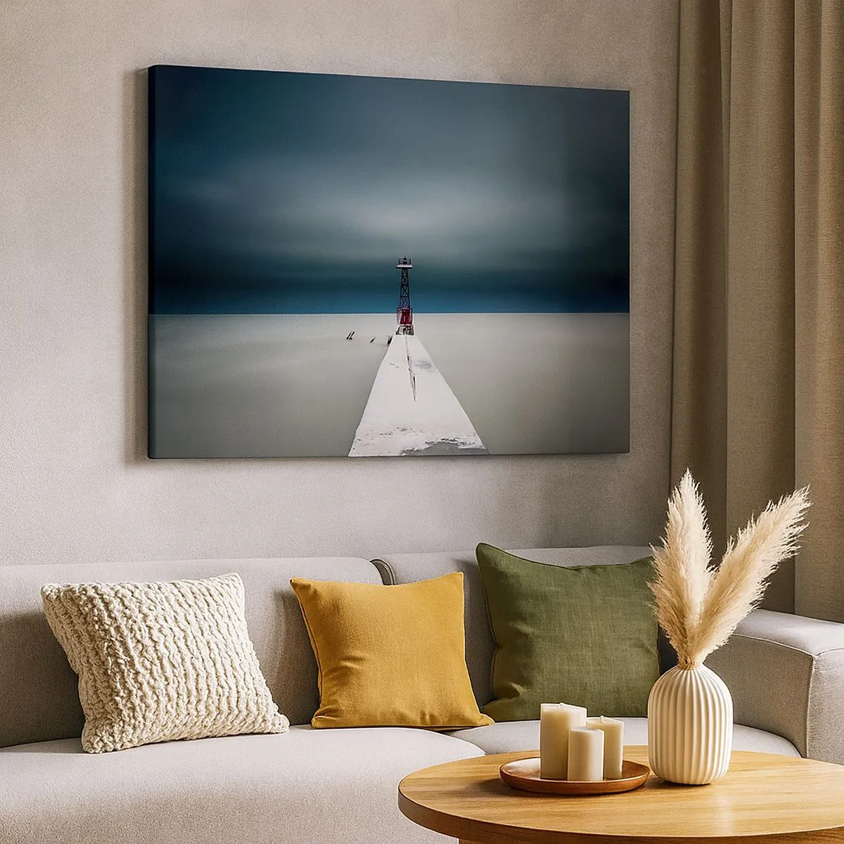 Quadro su tela - Stampe su Tela - Un faro alla fine di un molo di cemento in un paesaggio desolato - 70x50cm - Incontrando l'infinito - Decorazione murale moderna per soggiorno e camera da letto ARTTOR