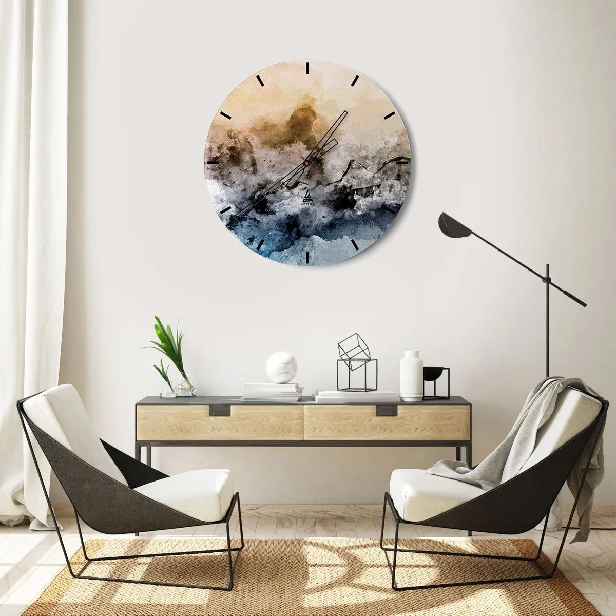 Orologio da parete - Orologio in Vetro - Un paesaggio astratto nei toni della nebbia, del marrone e del blu. - 30x30cm - Immersi in una nuvola di nebbia - Decorazione murale moderna per soggiorno, cucina e camera da letto ARTTOR