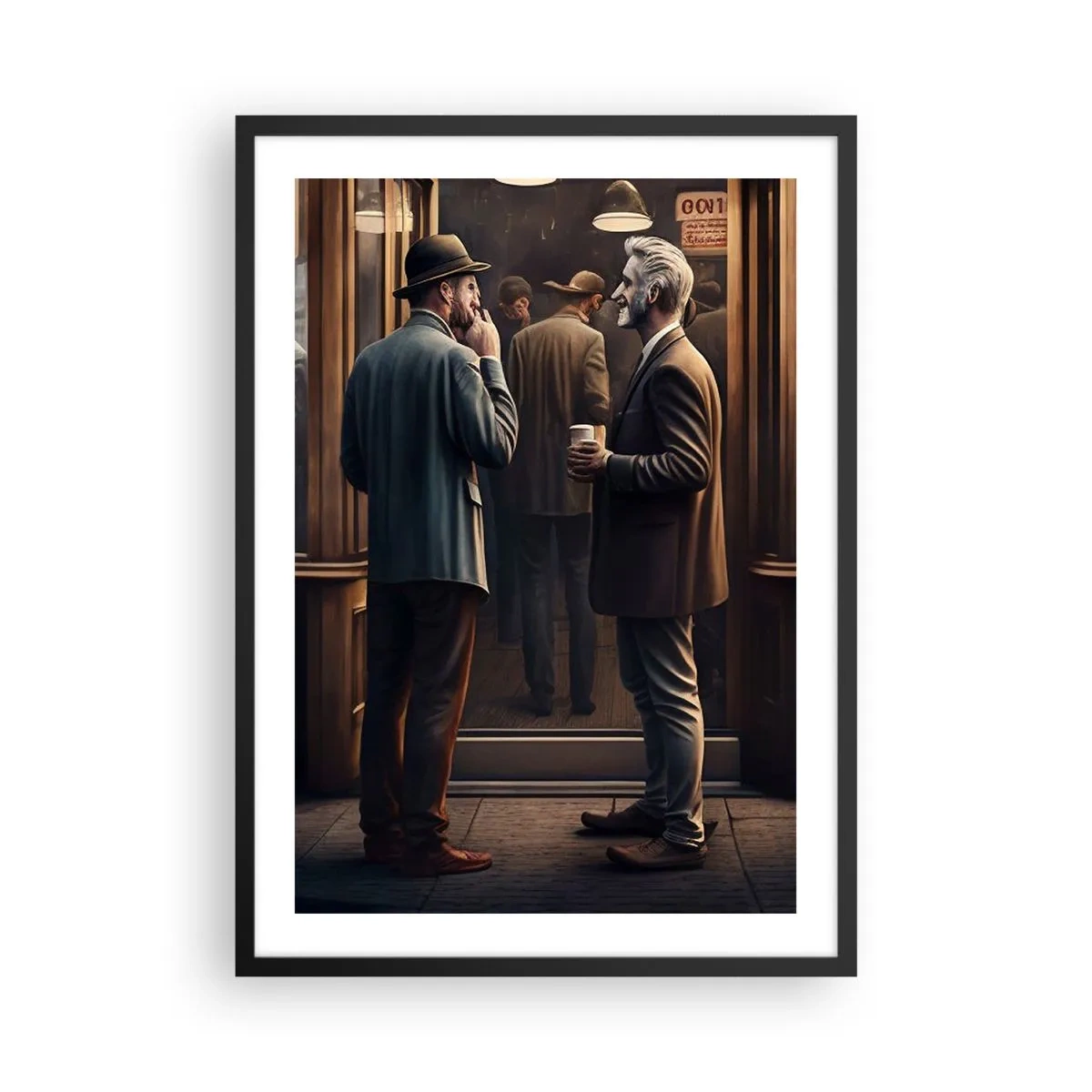 Poster in cornice nera - Due uomini eleganti parlano davanti a un bar - 50x70cm - Il buon momento della giornata - Decorazione murale moderna per soggiorno e camera da letto ARTTOR