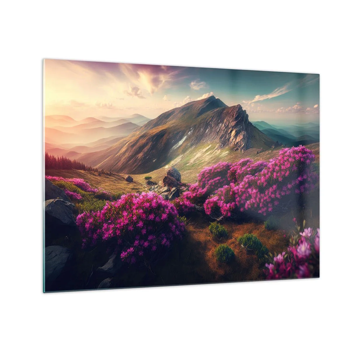 Quadro su vetro - Paesaggio montano estivo con erica rosa in fiore - 70x50cm - L'estate sui monti - Decorazione murale moderna per soggiorno e camera da letto ARTTOR