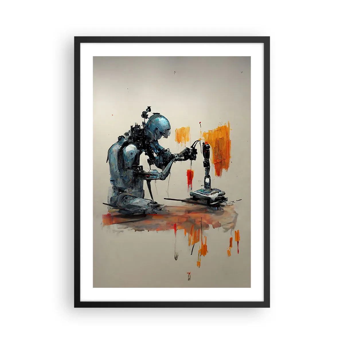 Poster in cornice nera - Un robot cibernetico nell'atto di creare arte. - 50x70cm - È già domani... - Decorazione murale moderna per soggiorno e camera da letto ARTTOR