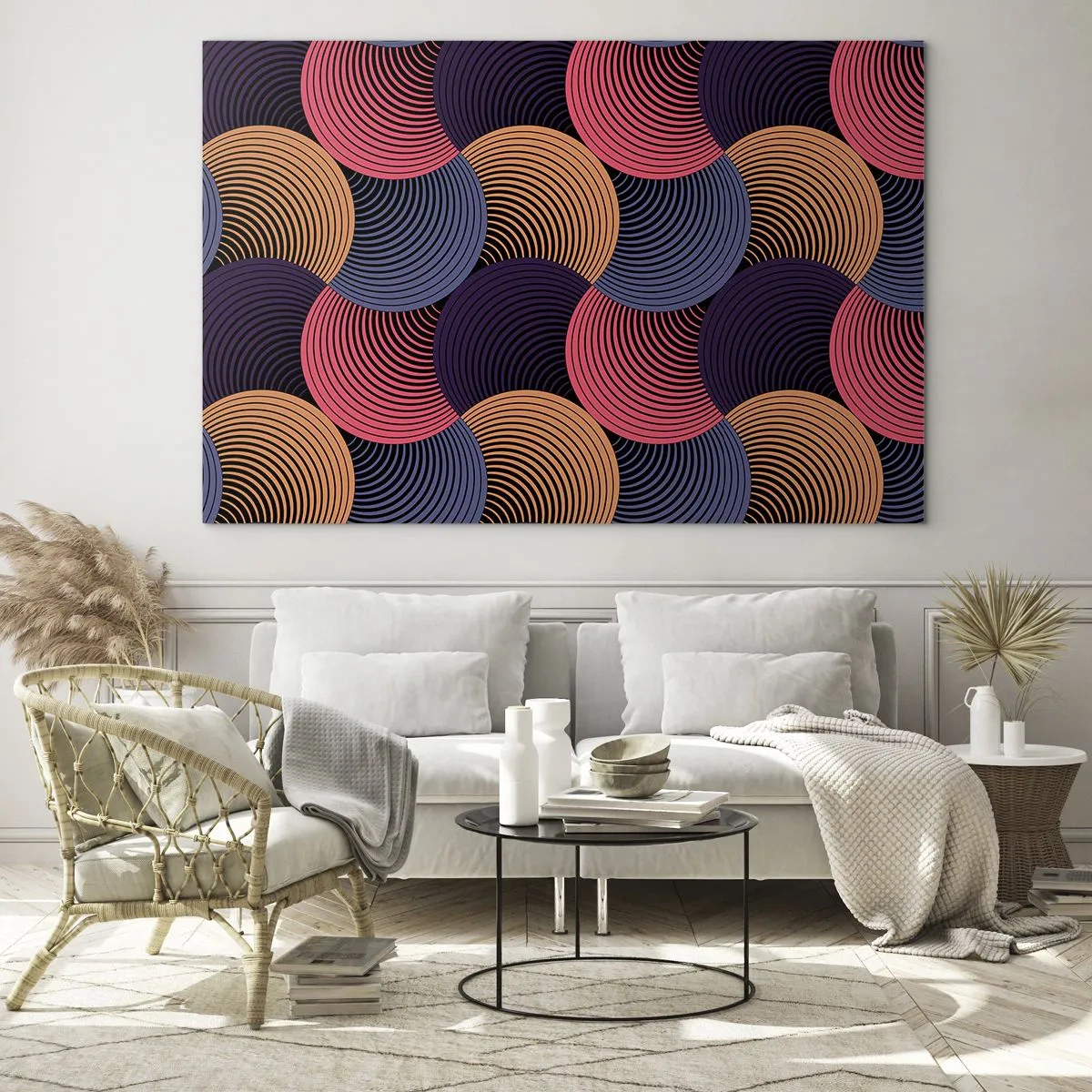 Quadro su vetro - Cerchi concentrici colorati che formano un motivo geometrico - 70x50cm - Al ritmo delle sfere - Decorazione murale moderna per soggiorno e camera da letto ARTTOR