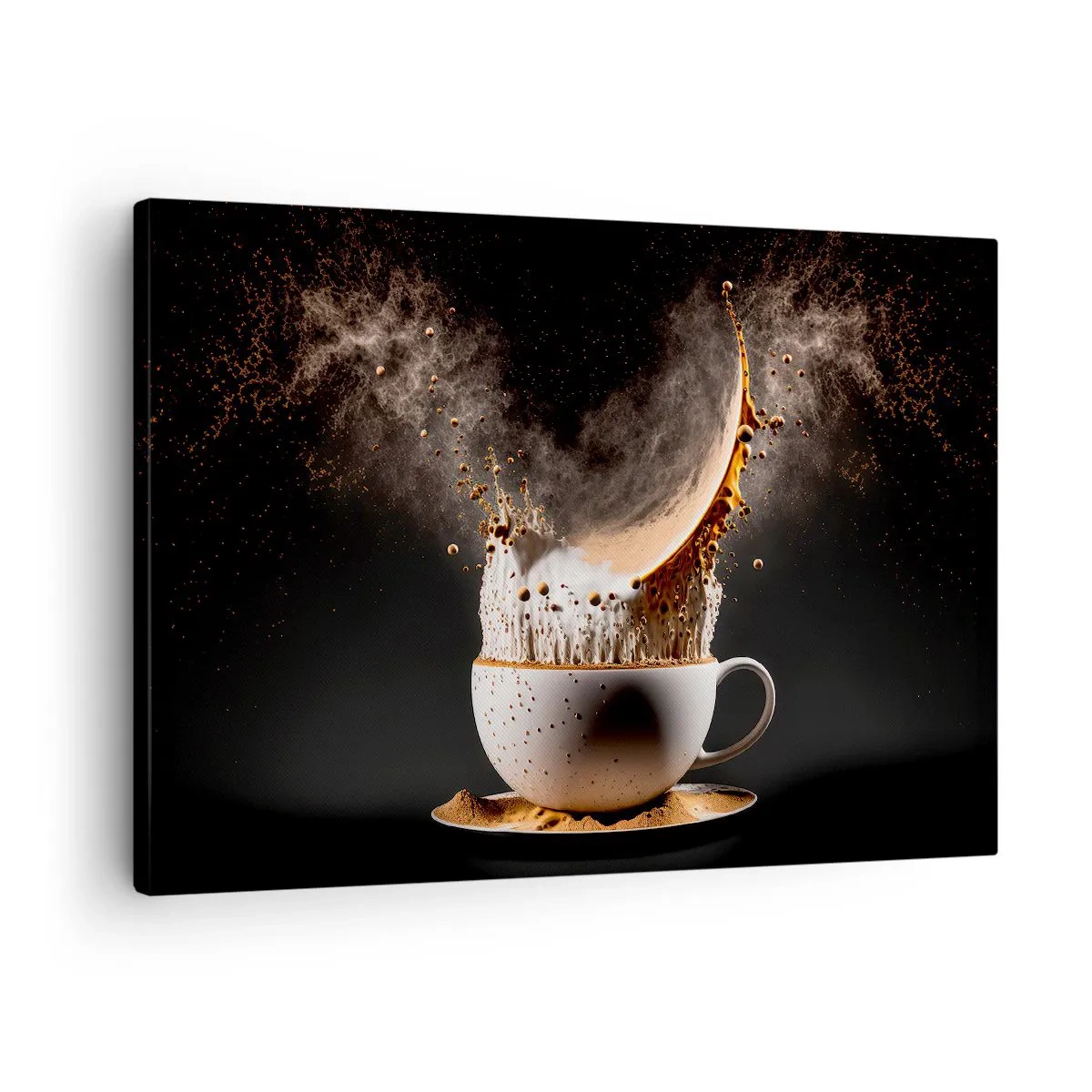 Quadro su tela - Stampe su Tela - Una tazza di caffè con un'esplosione dinamica di liquido su uno sfondo nero. - 70x50cm - Esplosione di sapore - Decorazione murale moderna per soggiorno e camera da letto ARTTOR