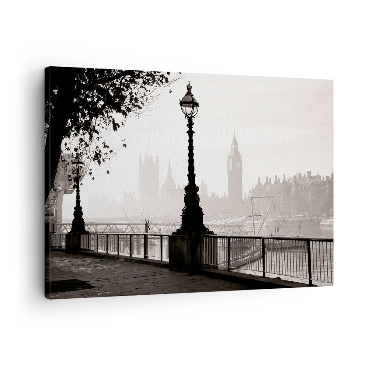 Quadro su tela - Stampe su Tela - Una vista monocromatica del Big Ben e del Tamigi. - 70x50cm - Un mattino a Londra - Decorazione murale moderna per soggiorno e camera da letto ARTTOR