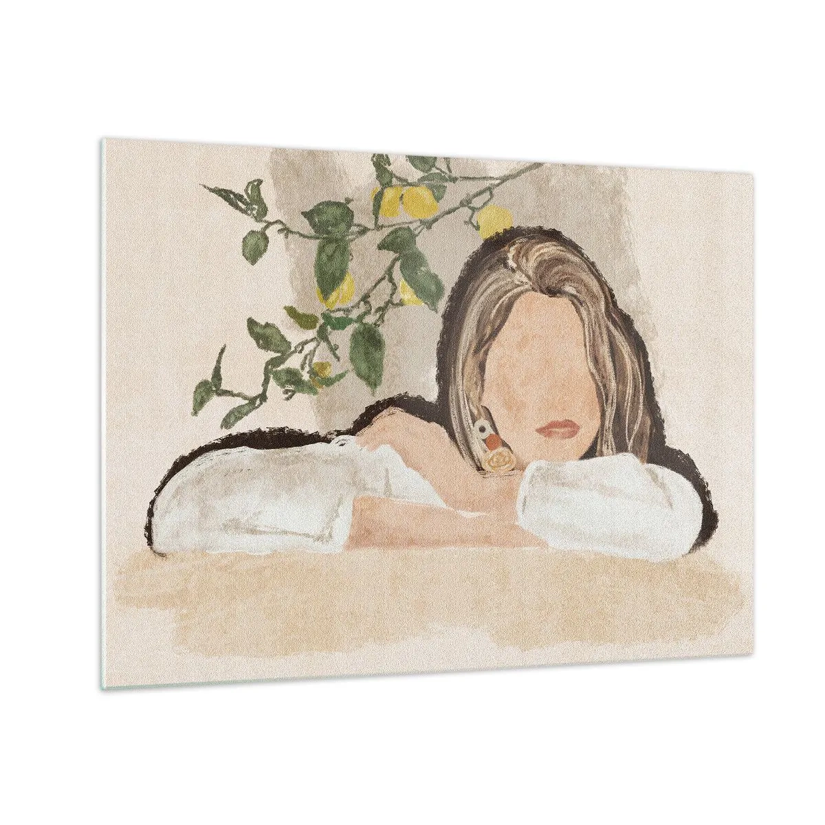 Quadro su vetro - Una donna appoggiata a un tavolo tra i rami di un albero di limone, il suo viso è senza tratti somatici. - 70x50cm - Bellezza del sud - Decorazione murale moderna per soggiorno e camera da letto ARTTOR
